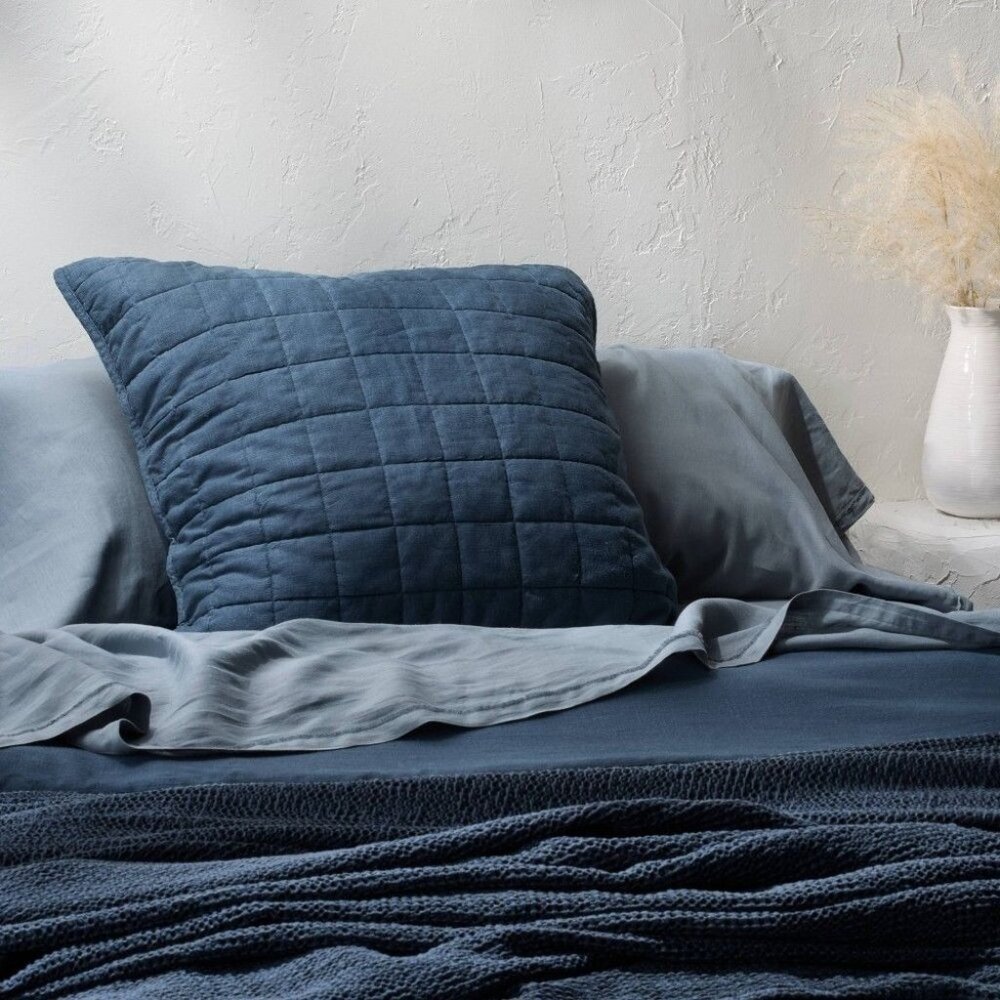Casaluna Quilted Sham Heavyweight Linen Blend Mineral Blue 26" x 26"